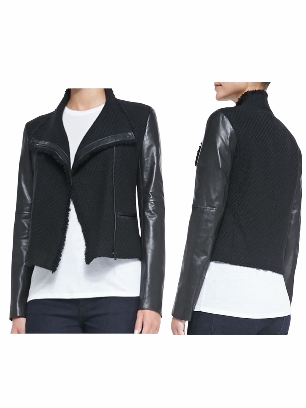 VINCE Black Lamb Leather Wool Boucle Tweed Cropped Moto Jacket. Size XS.